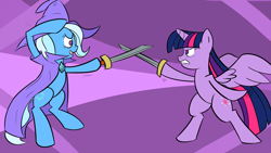 Size: 1920x1080 | Tagged: safe, artist:lomeo, derpibooru import, trixie, twilight sparkle, twilight sparkle (alicorn), alicorn, pony, bipedal, duel, female, fight, mare, sword