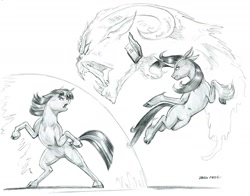 Size: 1400x1098 | Tagged: safe, artist:baron engel, fhtng th§ ¿nsp§kbl, oleander, twilight sparkle, unicorn twilight, classical unicorn, demon, pony, unicorn, them's fightin' herds, cloven hooves, crossover, duo, female, fight, grayscale, leonine tail, looking at each other, mare, monochrome, pencil drawing, realistic horse legs, simple background, sketch, traditional art, unshorn fetlocks, white background