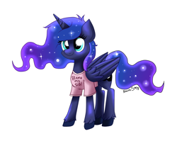 Size: 920x734 | Tagged: safe, artist:confetticakez, princess luna, alicorn, pony, blame my sister, clothes, solo, t-shirt, unshorn fetlocks