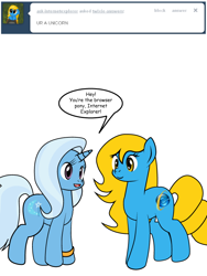 Size: 600x800 | Tagged: safe, artist:dekomaru, derpibooru import, trixie, oc, oc:internet explorer, pony, ask, browser ponies, internet explorer, tumblr, tumblr:ask twixie