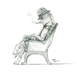 Size: 1100x1042 | Tagged: safe, artist:baron engel, oc, oc:heartbreaker, anthro, unguligrade anthro, bench, cigarette, clothes, grayscale, hat, monochrome, pencil drawing, simple background, sitting, smoking, solo, story in the source, traditional art, white background