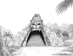 Size: 1400x1071 | Tagged: safe, artist:baron engel, read it and weep, architecture, grayscale, jungle, monochrome, no pony, pencil drawing, sketch, stairs, temple, traditional art, tree