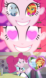 Size: 1280x2158 | Tagged: safe, derpibooru import, edit, edited screencap, screencap, pinkie pie, sunset shimmer, trixie, coinky-dink world, eqg summertime shorts, equestria girls, exploitable meme, female, lesbian, meme, pinkie's eyes, shipping, suntrix