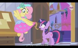 Size: 960x600 | Tagged: safe, derpibooru import, screencap, fluttershy, twilight sparkle, pegasus, pony, a canterlot wedding, youtube caption