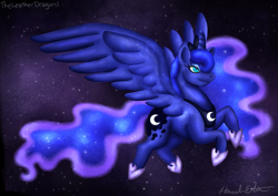 Size: 1024x724 | Tagged: safe, artist:theleatherdragoni, princess luna, alicorn, pony, flying, solo, space, stars