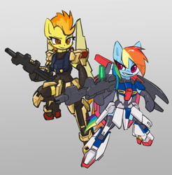 Size: 1280x1299 | Tagged: safe, artist:satv12, rainbow dash, spitfire, pegasus, pony, semi-anthro, armor, beam rifle, duo, female, gray background, gundam, hyaku shiki, mobile suit gundam, simple background, smiling, smirk, weapon, zeta gundam