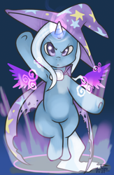 Size: 750x1150 | Tagged: safe, artist:wherewolfs, derpibooru import, trixie, pony, unicorn, :<, clothes, female, hat, magic, magic circle, mare, solo, torn clothes, wings