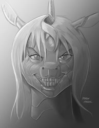 Size: 900x1165 | Tagged: safe, artist:baron engel, queen chrysalis, changeling, changeling queen, evil grin, fangs, female, grayscale, grin, looking at you, monochrome, sketch, smiling, traditional art