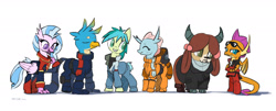 Size: 2500x1011 | Tagged: safe, artist:satv12, gallus, ocellus, sandbar, silverstream, smolder, yona, changedling, changeling, classical hippogriff, dragon, earth pony, griffon, hippogriff, pony, yak, a.e.u.g., clothes, cloven hooves, colored pupils, cosplay, costume, cute, diaocelles, diastreamies, dragoness, eyes closed, female, gallabetes, gundam, jumpsuit, male, mobile suit zeta gundam, monkey swings, quadrupedal, sandabetes, simple background, smiling, smolderbetes, stallion, student six, sunglasses, teenager, titans, uniform, white background, yonadorable, z gundam, zeta gundam