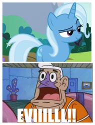 Size: 3106x4096 | Tagged: safe, derpibooru import, screencap, trixie, no second prances, derpibooru, evil, image macro, juxtaposition, meme, mermaid man, mermaid man and barnacle boy, meta, spongebob squarepants