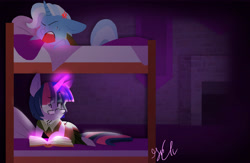 Size: 6779x4407 | Tagged: safe, artist:shellielle, derpibooru import, trixie, twilight sparkle, pony, unicorn, absurd resolution, alternate hairstyle, alternate universe, angry, bed, blanket, book, bunk bed, clothes, cross-popping veins, duo, female, fireplace, glasses, glowing horn, looking up, magic, mare, pillow, pointy ponies, signature, story included