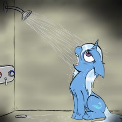 Size: 850x850 | Tagged: safe, artist:ichibangravity, derpibooru import, trixie, pony, unicorn, chest fluff, drinking, female, floppy ears, fluffy, looking up, mare, open mouth, shower, sitting, solo, unshorn fetlocks, water, wet, wet mane