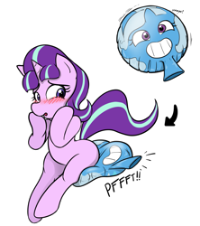Size: 977x1100 | Tagged: safe, artist:redflare500, derpibooru import, starlight glimmer, trixie, pony, unicorn, blushing, fart noise, inanimate tf, missing cutie mark, objectification, transformation, whoopie cushion