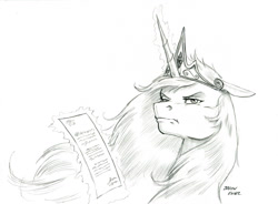 Size: 1400x1028 | Tagged: safe, artist:baron engel, princess celestia, alicorn, pony, annoyed, crown, female, floppy ears, glowing horn, jewelry, letter, looking at you, looking back, looking back at you, magic, mare, monochrome, pencil drawing, regalia, simple background, sketch, solo, telekinesis, traditional art, white background
