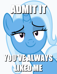 Size: 395x506 | Tagged: safe, derpibooru import, edit, edited screencap, screencap, trixie, pony, unicorn, all bottled up, background removed, bronybait, female, image macro, lidded eyes, mare, meme, simple background, smug, solo, white background