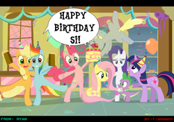 Size: 1500x1054 | Tagged: safe, artist:tiarawhy, derpibooru import, applejack, derpy hooves, fluttershy, pinkie pie, rainbow dash, rarity, spike, twilight sparkle, dragon, earth pony, pegasus, pony, unicorn, birthday, female, mane seven, mare