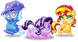 Size: 3000x1631 | Tagged: safe, artist:aleximusprime, derpibooru import, starlight glimmer, sunset shimmer, trixie, pony, unicorn, backwards cutie mark, bipedal, cape, chibi, clothes, cute, diatrixes, female, glimmerbetes, hat, looking at you, lying down, mare, one eye closed, shimmerbetes, simple background, smiling, transparent background, trio, trixie's cape, trixie's hat
