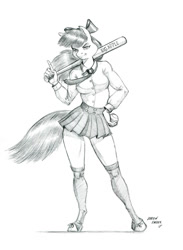 Size: 1007x1375 | Tagged: safe, artist:baron engel, apple bloom, anthro, baseball bat, bow, clothes, female, grayscale, hair bow, monochrome, older, older apple bloom, pencil drawing, school uniform, shoes, simple background, sketch, solo, traditional art, white background