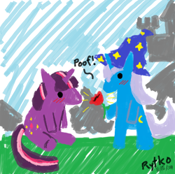 Size: 900x896 | Tagged: safe, artist:rytko, derpibooru import, trixie, twilight sparkle, pony, unicorn, bipedal, blushing, canterlot castle, clothes, female, flower, hat, lesbian, poof, shipping, sitting, trixie's hat, twixie