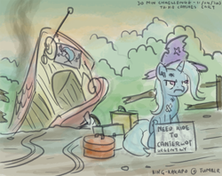 Size: 1000x792 | Tagged: safe, artist:king-kakapo, derpibooru import, trixie, pony, unicorn, 30 minute art challenge, crash, dirty, female, frown, hitchhiking, injured, mare, solo, trixie's wagon, wagon