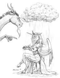 Size: 1000x1299 | Tagged: safe, artist:baron engel, discord, princess celestia, anthro, draconequus, big breasts, breasts, cake, cleavage, clothes, cloud, female, food, grayscale, mare, monochrome, pencil drawing, princess breastia, pure unfiltered evil, rain, raincloud, simple background, sketch, this will end in banishment, this will end in death, this will end in petrification, this will end in tears, this will end in tears and/or death, this will not end well, traditional art, wet, wet clothes, wet mane, white background