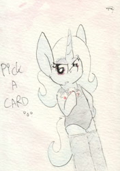 Size: 688x977 | Tagged: safe, artist:slightlyshade, derpibooru import, trixie, pony, unicorn, bipedal, card, clothes, leotard, socks, solo, traditional art