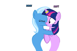 Size: 1048x690 | Tagged: safe, artist:navitaserussirus, derpibooru import, trixie, twilight sparkle, asktwixiegenies, female, genie, kissing, lesbian, shipping, twixie