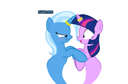 Size: 1050x692 | Tagged: safe, artist:navitaserussirus, derpibooru import, trixie, twilight sparkle, asktwixiegenies, female, genie, lesbian, shipping, twixie