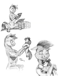 Size: 1000x1297 | Tagged: safe, artist:baron engel, apple bloom, oc, oc:stone mane, crate, doll, grayscale, hug, monochrome, pencil drawing, picture, picture frame, plushie, present, simple background, smiling, story in the source, story included, straw, toy, traditional art, white background