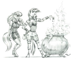 Size: 1400x1092 | Tagged: safe, artist:baron engel, cheerilee, zecora, anthro, unguligrade anthro, zebra, cauldron, clothes, grayscale, monochrome, nervous, pencil drawing, simple background, story in the source, this will end in explosions, traditional art, white background