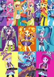 Size: 1432x2050 | Tagged: safe, derpibooru import, adagio dazzle, applejack, aria blaze, dj pon-3, fluttershy, fuchsia blush, lavender lace, pinkie pie, rainbow dash, rarity, sonata dusk, sunset shimmer, trixie, twilight sparkle, vinyl scratch, equestria girls, rainbow rocks, background human, female, mane six, the dazzlings, trixie and the illusions