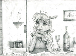 Size: 1400x1029 | Tagged: safe, artist:baron engel, oc, oc:samantha mosley, pony, unicorn, alcohol, cute, female, monochrome, pencil drawing, snow, solo, traditional art, window, wine