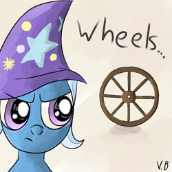 Size: 894x894 | Tagged: artist needed, safe, derpibooru import, trixie, pony, unicorn, female, mare, solo, upset, wheel, wheels trixie