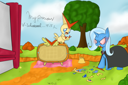 Size: 1200x800 | Tagged: safe, artist:rodolfomushi, derpibooru import, trixie, pony, unicorn, alicorn amulet, crossover, crying, pokemon mystery dungeon gates to infinity, pokémon, pokémon mystery dungeon, that pony sure does hate wheels, victini