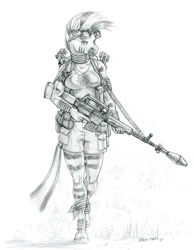 Size: 1050x1350 | Tagged: safe, artist:baron engel, zecora, anthro, unguligrade anthro, zebra, ar-10, boots, clothes, ear piercing, earring, female, goggles, grayscale, grenade, gun, jewelry, monochrome, pencil drawing, piercing, rifle grenade, shoes, shorts, simple background, solo, traditional art, trigger discipline, weapon, white background