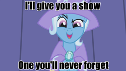 Size: 960x540 | Tagged: safe, derpibooru import, screencap, trixie, boast busters, crazy trixie, image macro, implied threat, meme, solo, text, trixie yells at everything