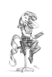 Size: 950x1389 | Tagged: safe, artist:baron engel, rarity, anthro, unguligrade anthro, unicorn, belt, boots, boots on hooves, clipboard, clothes, earpiece, fatigues, female, grayscale, gun, headset, monochrome, open mouth, pants, pencil drawing, pp-2000, rolled up sleeves, shoes, simple background, sitting, sketch, stool, submachinegun, traditional art, watch, weapon, white background