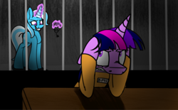 Size: 866x538 | Tagged: safe, artist:ggchristian, derpibooru import, trixie, twilight sparkle, pony, unicorn, angry, clothes, key, magic, prison, prison outfit, prisoner ts