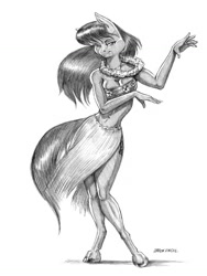 Size: 1000x1330 | Tagged: safe, artist:baron engel, octavia melody, anthro, earth pony, unguligrade anthro, breasts, cleavage, clothes, female, grass skirt, grayscale, hawaii, hawaiian, hula, hula dance, lei, monochrome, pencil drawing, simple background, sketch, skirt, smiling, solo, traditional art, white background