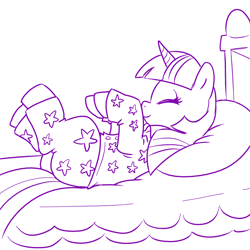 Size: 1000x1000 | Tagged: safe, artist:madmax, derpibooru import, twilight sparkle, pony, unicorn, bed, clothes, eyes closed, female, lineart, mare, monochrome, on back, pajamas, solo