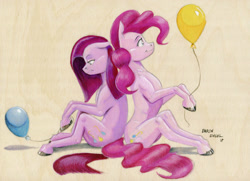 Size: 1400x1014 | Tagged: safe, artist:baron engel, pinkie pie, earth pony, pony, balloon, duality, female, mare, pinkamena diane pie, smiling, traditional art