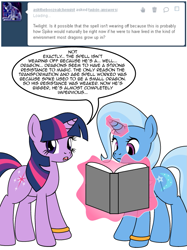 Size: 599x800 | Tagged: safe, artist:dekomaru, derpibooru import, trixie, twilight sparkle, ask, book, dialogue, female, lesbian, shipping, tumblr, tumblr:ask twixie, twixie