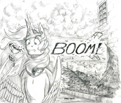 Size: 1300x1113 | Tagged: safe, artist:baron engel, princess celestia, alicorn, pony, boom, cookie, cup, dreamscape, explosion, female, food, glowing horn, grayscale, magic, mare, monochrome, onomatopoeia, pencil drawing, story included, teacup, telekinesis, traditional art