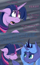 Size: 1024x1638 | Tagged: safe, artist:tlatophat, princess luna, twilight sparkle, alicorn, pony, unicorn, alternate hairstyle, alternate universe, ask, comic, crying, sketchbook twilight, tumblr