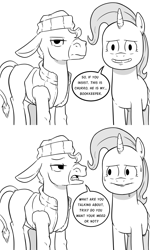 Size: 1800x3000 | Tagged: safe, artist:raph13th, derpibooru import, trixie, oc, oc:churro, donkey, pony, unicorn, comic:glim glam and pals, 2 panel comic, comic, dialogue, drugs, grayscale, grin, lidded eyes, looking at you, monochrome, simple background, smiling, sweat, telling lies, white background