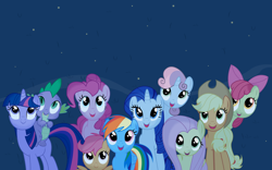 Size: 2560x1600 | Tagged: safe, artist:regolithx, derpibooru import, apple bloom, applejack, fluttershy, pinkie pie, rainbow dash, rarity, scootaloo, spike, sweetie belle, twilight sparkle, dragon, earth pony, pegasus, pony, unicorn, night, stargazing