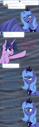 Size: 1024x3276 | Tagged: safe, artist:tlatophat, princess luna, twilight sparkle, alicorn, pony, unicorn, alternate hairstyle, alternate universe, ask, comic, sketchbook twilight, tumblr