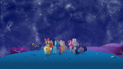 Size: 2560x1440 | Tagged: safe, artist:regolithx, derpibooru import, apple bloom, applejack, fluttershy, pinkie pie, rainbow dash, rarity, scootaloo, sweetie belle, twilight sparkle, earth pony, pegasus, pony, unicorn, stargazing, telescope