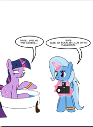 Size: 309x421 | Tagged: safe, artist:dekomaru, derpibooru import, trixie, twilight sparkle, ask, bath, bathtub, camera, dialogue, female, lesbian, shipping, tumblr, tumblr:ask twixie, twixie, water