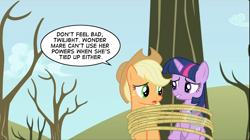 Size: 1280x715 | Tagged: safe, derpibooru import, edit, edited screencap, screencap, applejack, twilight sparkle, earth pony, pony, secret of my excess, bondage, rope, tied up, unsexy bondage, wonder mare